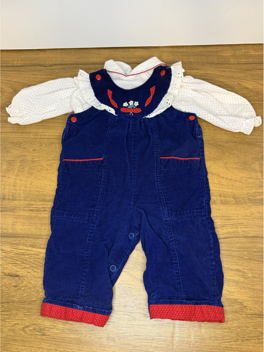 Vintage Baby Girl Corduroy Overalls with Polka Dot Blouse Set 6-9 Months